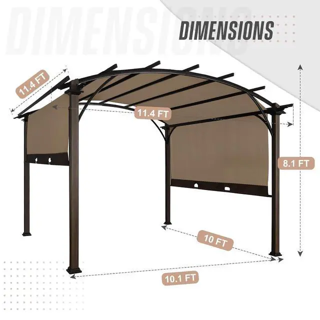 Alt view image 3 of 6 - 11.4x11.4 Outdoor Pergola with Retractable Textilene Sun Shade Top, Wood Looking Steel Frame Arch Patio Pergola, Beige