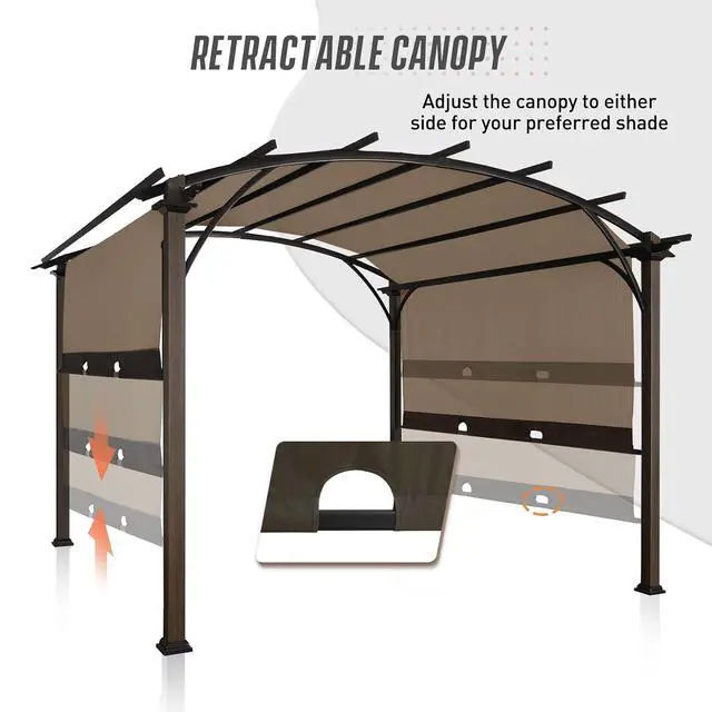 Alt view image 5 of 6 - 11.4x11.4 Outdoor Pergola with Retractable Textilene Sun Shade Top, Wood Looking Steel Frame Arch Patio Pergola, Beige
