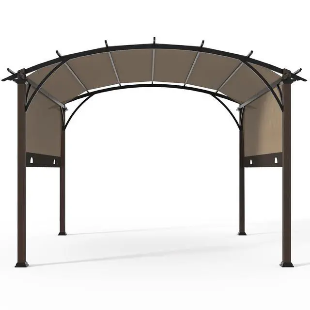 Alt view image 6 of 6 - 11.4x11.4 Outdoor Pergola with Retractable Textilene Sun Shade Top, Wood Looking Steel Frame Arch Patio Pergola, Beige