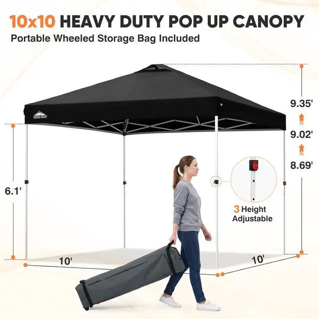 Alt view image 3 of 7 - 10x10 Commercial Pop Up Canopy Tent, Easy 1-Person Setup, Black | Anti-Pooling Umbrella-Rib Roof, Vented Top, Wheeled Bag & Anchor Kit