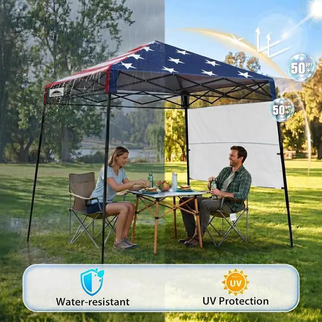 Alt view image 4 of 7 - 8x8 Pop Up Canopy Tent with Sidewall, Compact, Portable Slant Leg Instant Sun Shelter for Beach, Sports, & Camping, 8x8 Base 6x6 Top, American Flag