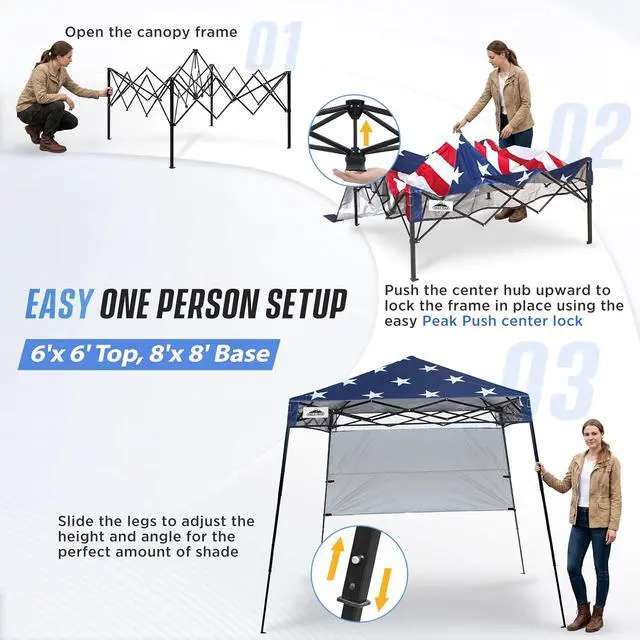 Alt view image 6 of 7 - 8x8 Pop Up Canopy Tent with Sidewall, Compact, Portable Slant Leg Instant Sun Shelter for Beach, Sports, & Camping, 8x8 Base 6x6 Top, American Flag