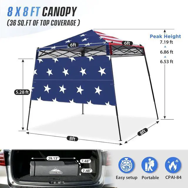 Alt view image 3 of 7 - 8x8 Pop Up Canopy Tent with Sidewall, Compact, Portable Slant Leg Instant Sun Shelter for Beach, Sports, & Camping, 8x8 Base 6x6 Top, American Flag