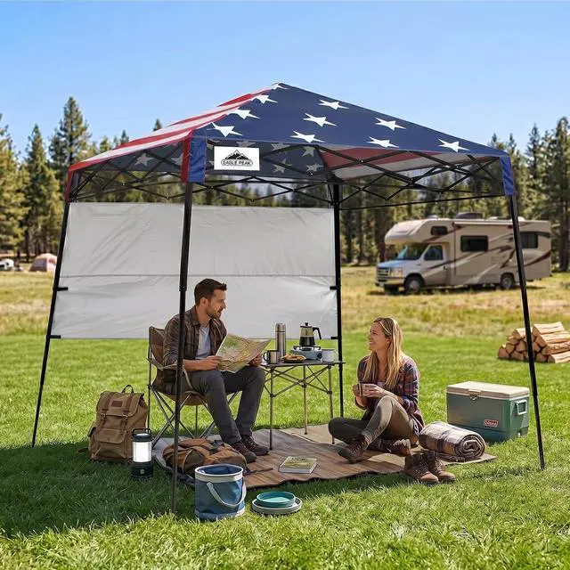 Alt view image 5 of 7 - 8x8 Pop Up Canopy Tent with Sidewall, Compact, Portable Slant Leg Instant Sun Shelter for Beach, Sports, & Camping, 8x8 Base 6x6 Top, American Flag