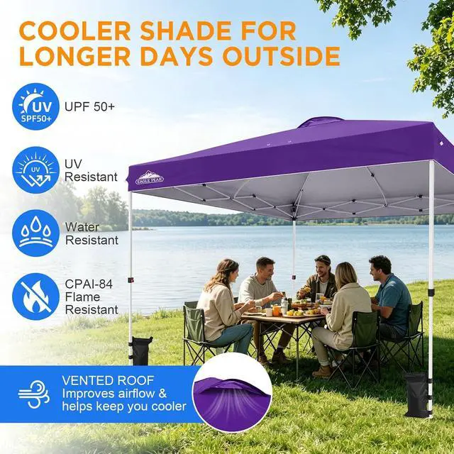 Alt view image 6 of 7 - Pop Up Canopy Tent with Wheeled Carry Bag, 8 Stakes, 4 Ropes, 4 Weight Bags, Easy Set Up Tent Canopy, 12x12 ft, 144sqft of Shade, Purple