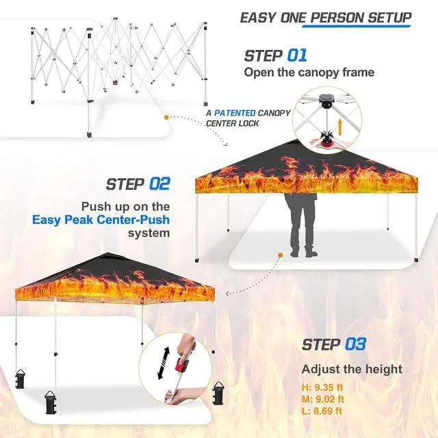 Alt view image 2 of 7 - Pop Up Canopy Tent with Wheeled Carry Bag, 8 Stakes, 4 Ropes, 4 Weight Bags, Easy Set Up Tent Canopy, 10x10 ft, 100sqft of Shade, Flame