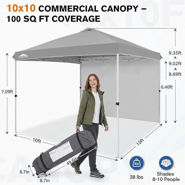 Alt view image 3 of 7 - Commercial Canopy 10x10 Pop Up Canopy Tent with 1 Sidewall, Easy Setup Heavy Duty Instant Event Shelter for Vendors & Markets, Outdoor Sun Shade, Light Gray