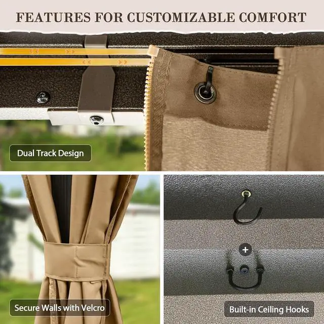 Alt view image 4 of 7 - 12x14 Hardtop Gazebo, Galvanized Steel Double Roof with Aluminum Frame, Outdoor Pavilion with Netting and Curtains for Patio, Deck, Lawn and Garden, Dark Brown/Tan