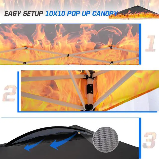 Alt view image 7 of 7 - Pop Up Canopy Tent with Wheeled Carry Bag, 8 Stakes, 4 Ropes, 4 Weight Bags, Easy Set Up Tent Canopy, 10x10 ft, 100sqft of Shade, Flame