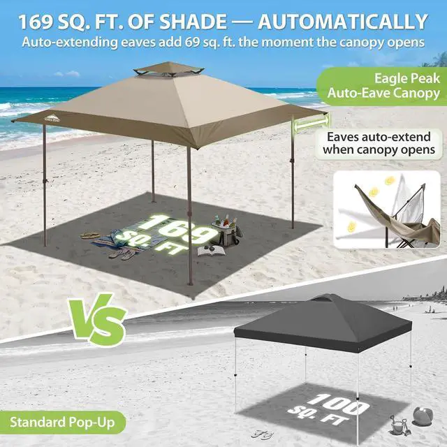 Alt view image 4 of 7 - 13x13 Straight Leg Pop Up Canopy Tent Instant Outdoor Canopy Easy Single Person Set up Folding Shelter w/Auto Extending Eaves 169 Square Feet of Shade (Beige)