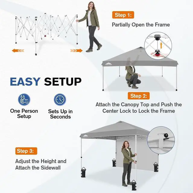 Alt view image 6 of 7 - Commercial Canopy 10x10 Pop Up Canopy Tent with 1 Sidewall, Easy Setup Heavy Duty Instant Event Shelter for Vendors & Markets, Outdoor Sun Shade, Light Gray