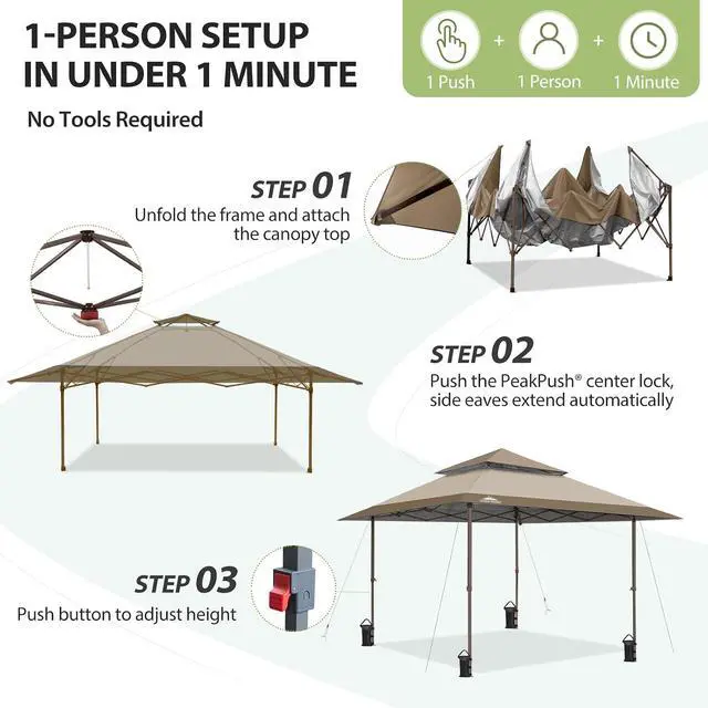 Alt view image 7 of 7 - 13x13 Straight Leg Pop Up Canopy Tent Instant Outdoor Canopy Easy Single Person Set up Folding Shelter w/Auto Extending Eaves 169 Square Feet of Shade (Beige)
