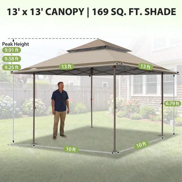 Alt view image 3 of 7 - 13x13 Straight Leg Pop Up Canopy Tent Instant Outdoor Canopy Easy Single Person Set up Folding Shelter w/Auto Extending Eaves 169 Square Feet of Shade (Beige)