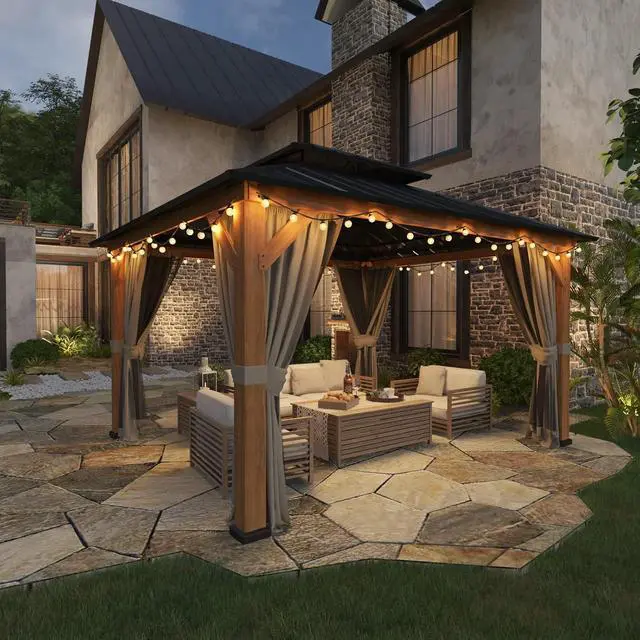 Main image of 11x13 Hardtop Gazebo, Galvanized Steel Double Roof Gazebo with Cedar Wood Frame, Outdoor Pavilion with Netting and Curtains for Patio, Deck. Lawn and Garden, Natural Wood/Black