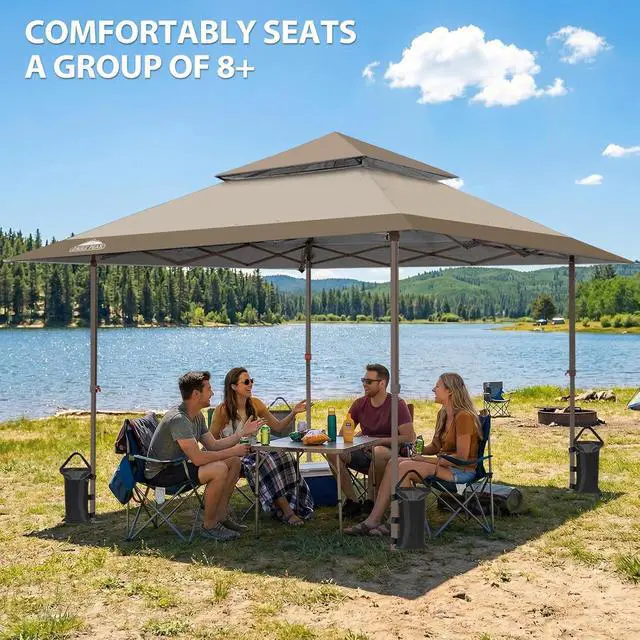 Alt view image 5 of 7 - 13x13 Straight Leg Pop Up Canopy Tent Instant Outdoor Canopy Easy Single Person Set up Folding Shelter w/Auto Extending Eaves 169 Square Feet of Shade (Beige)