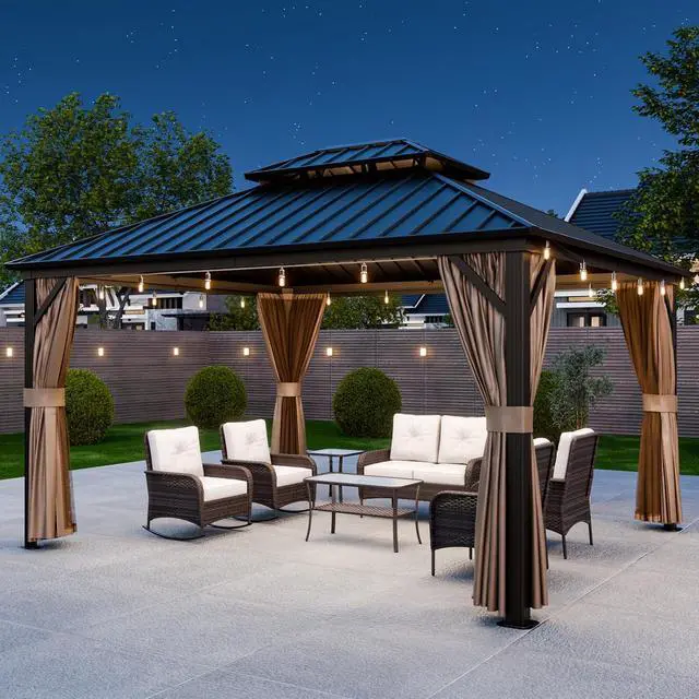 Alt view image 7 of 7 - 12x14 Hardtop Gazebo, Galvanized Steel Double Roof with Aluminum Frame, Outdoor Pavilion with Netting and Curtains for Patio, Deck, Lawn and Garden, Dark Brown/Tan