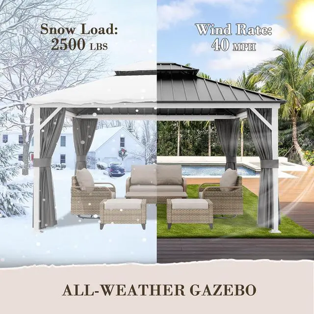 Alt view image 7 of 7 - 12x14 Hardtop Gazebo, Galvanized Steel Double Roof with Aluminum Frame, Outdoor Pavilion with Netting and Curtains for Patio, Deck, Lawn and Garden, White/Gray