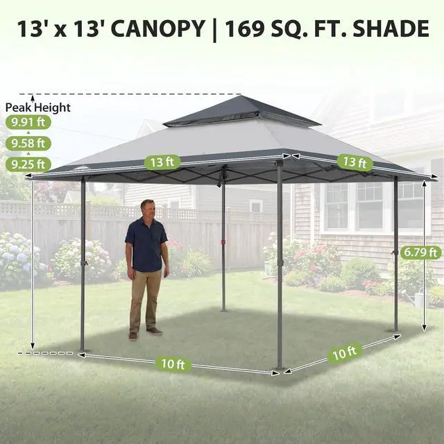 Alt view image 3 of 7 - 13x13 Straight Leg Pop Up Canopy Tent Instant Outdoor Canopy Easy Single Person Set up Folding Shelter w/Auto Extending Eaves 169 Square Feet of Shade (Light Gray)