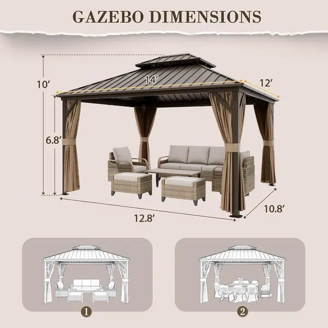 Alt view image 3 of 7 - 12x14 Hardtop Gazebo, Galvanized Steel Double Roof with Aluminum Frame, Outdoor Pavilion with Netting and Curtains for Patio, Deck, Lawn and Garden, Dark Brown/Tan