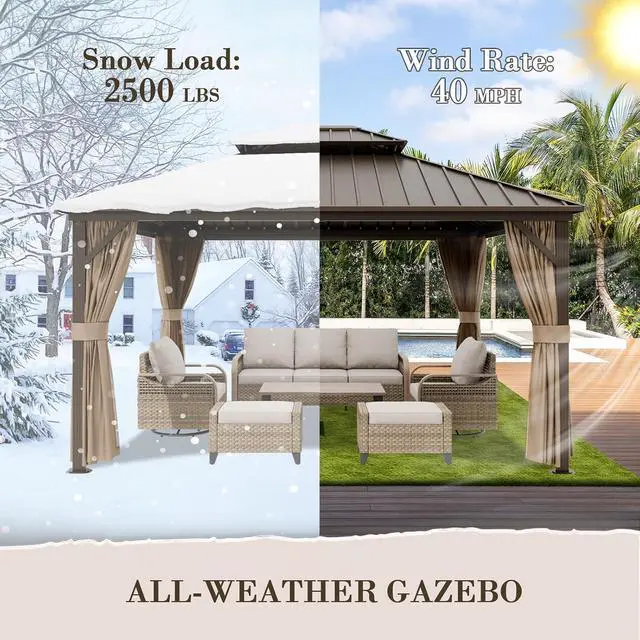 Alt view image 6 of 7 - 12x14 Hardtop Gazebo, Galvanized Steel Double Roof with Aluminum Frame, Outdoor Pavilion with Netting and Curtains for Patio, Deck, Lawn and Garden, Dark Brown/Tan