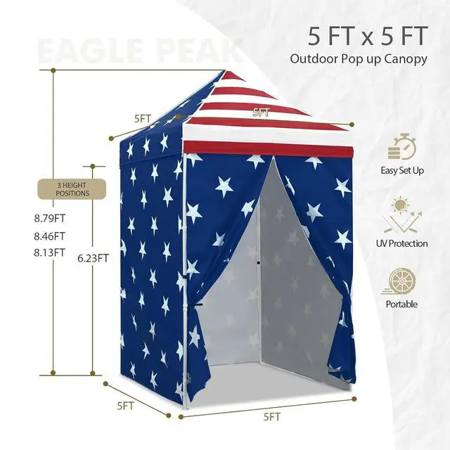 Alt view image 3 of 7 - 5x5 Instant Canopy with 4-Side Wall Panels, Small Pop up Portable Canopy Tent with Carry Bag, Light Weight Sun Shelter for Sports, Camping and Beach, American Flag