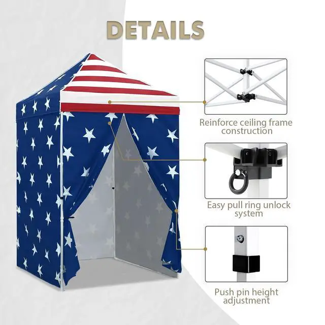 Alt view image 4 of 7 - 5x5 Instant Canopy with 4-Side Wall Panels, Small Pop up Portable Canopy Tent with Carry Bag, Light Weight Sun Shelter for Sports, Camping and Beach, American Flag
