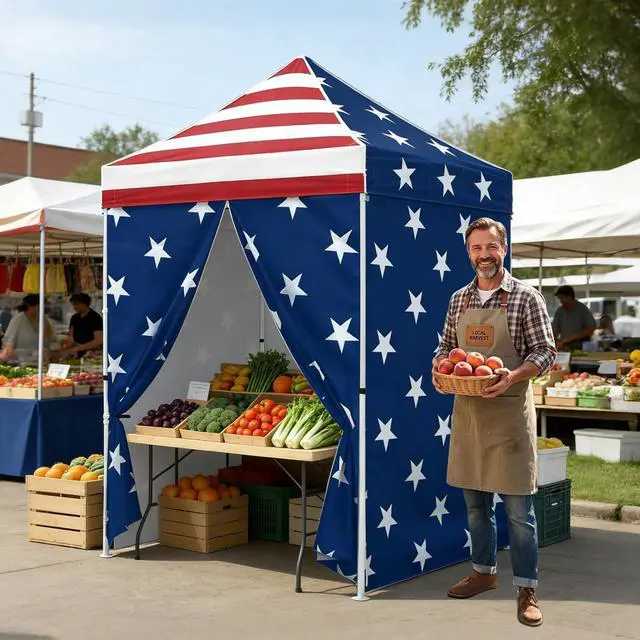 Alt view image 5 of 7 - 5x5 Instant Canopy with 4-Side Wall Panels, Small Pop up Portable Canopy Tent with Carry Bag, Light Weight Sun Shelter for Sports, Camping and Beach, American Flag