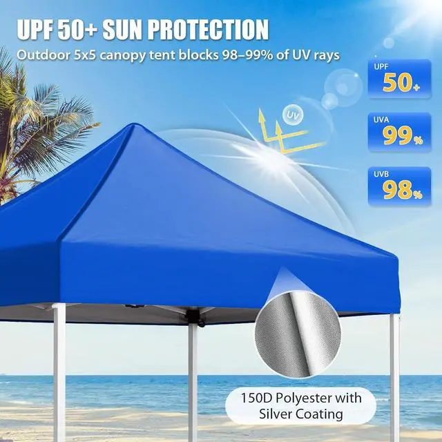 Alt view image 2 of 7 - 5x5 Pop Up Canopy Tent Instant Outdoor Canopy Easy Set-up Straight Leg Folding Shelter, Blue