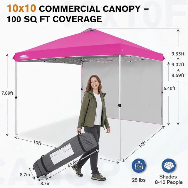 Alt view image 3 of 7 - Commercial Canopy 10x10 Pop Up Canopy Tent with 1 Sidewall, Easy Setup Heavy Duty Instant Event Shelter for Vendors & Markets, Outdoor Sun Shade, Pink