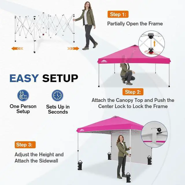 Alt view image 6 of 7 - Commercial Canopy 10x10 Pop Up Canopy Tent with 1 Sidewall, Easy Setup Heavy Duty Instant Event Shelter for Vendors & Markets, Outdoor Sun Shade, Pink