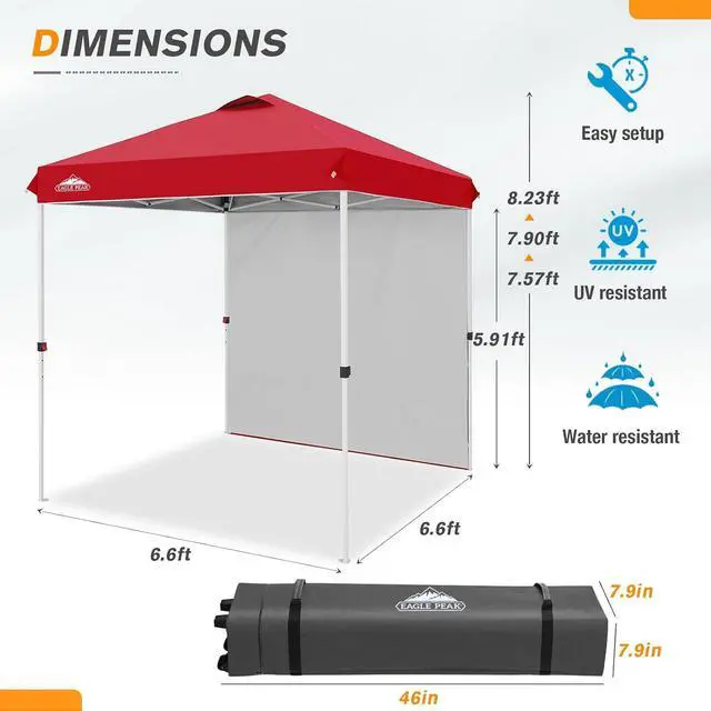 Alt view image 3 of 7 - Commercial Canopy 6.6x6.6 Pop Up Canopy Tent with 1 Sidewall, Easy Setup Heavy Duty Instant Event Shelter for Vendors & Markets, Outdoor Sun Shade, Red