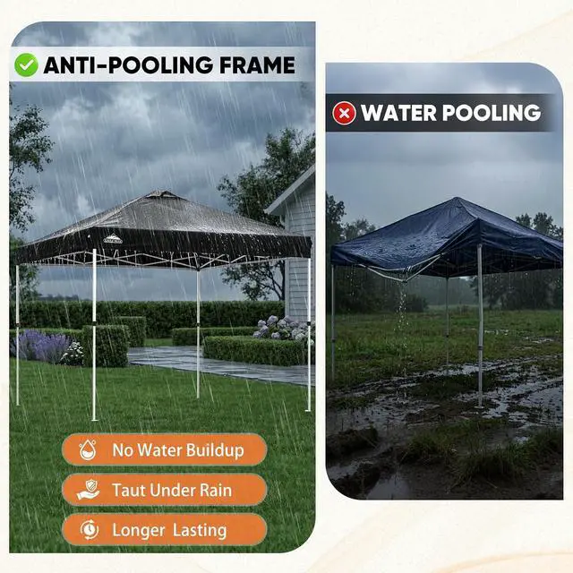 Alt view image 6 of 7 - 10x10 Commercial Pop Up Canopy Tent, Easy 1-Person Setup, Black | Anti-Pooling Umbrella-Rib Roof, Vented Top, Wheeled Bag & Anchor Kit
