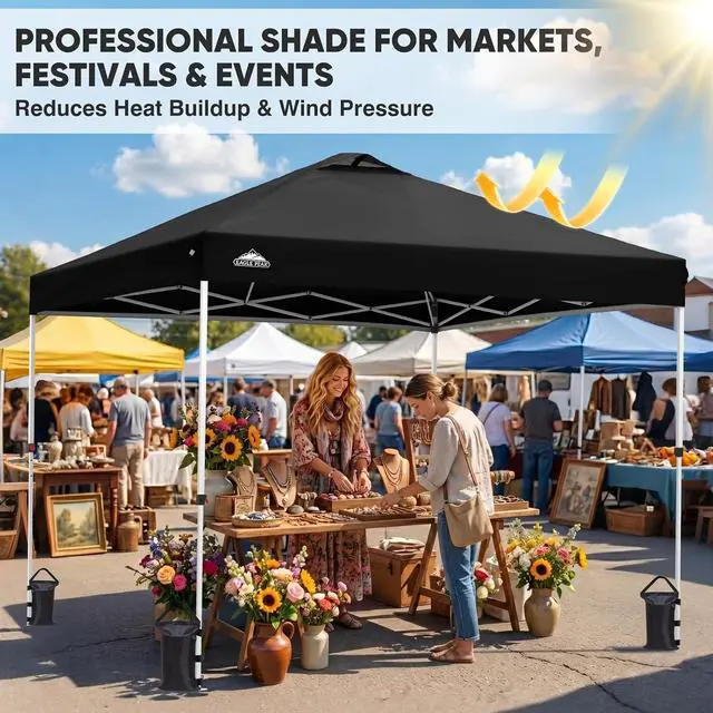 Alt view image 5 of 7 - 10x10 Commercial Pop Up Canopy Tent, Easy 1-Person Setup, Black | Anti-Pooling Umbrella-Rib Roof, Vented Top, Wheeled Bag & Anchor Kit