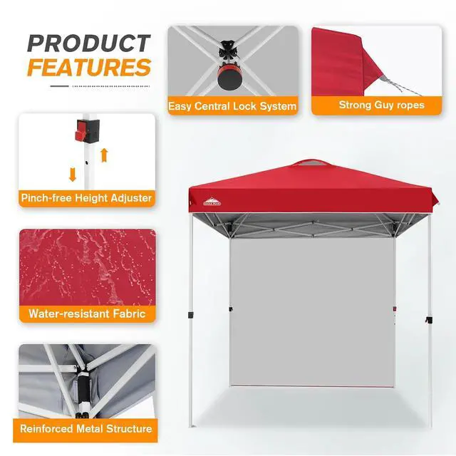 Alt view image 6 of 7 - Commercial Canopy 6.6x6.6 Pop Up Canopy Tent with 1 Sidewall, Easy Setup Heavy Duty Instant Event Shelter for Vendors & Markets, Outdoor Sun Shade, Red