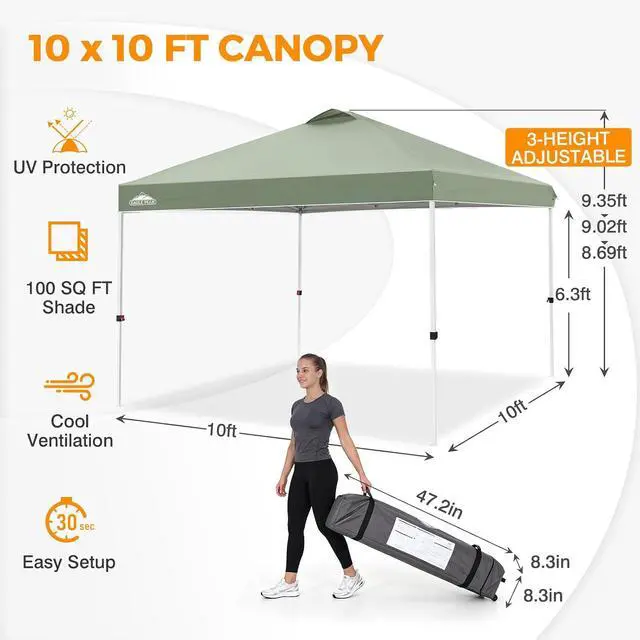 Alt view image 3 of 7 - Pop Up Canopy Tent with Wheeled Carry Bag, 8 Stakes, 4 Ropes, 4 Weight Bags, Easy Set Up Tent Canopy, 10x10 ft, 100sqft of Shade, Sage Green
