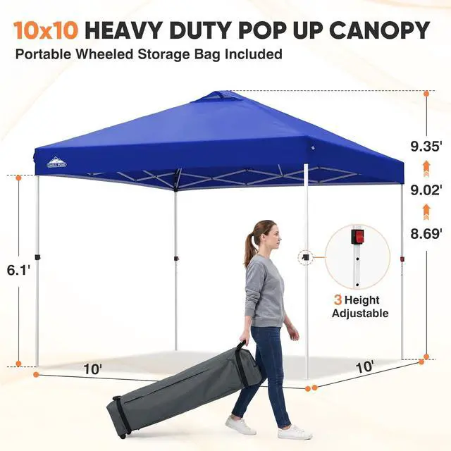 Alt view image 3 of 7 - 10x10 Commercial Pop Up Canopy Tent, Easy 1-Person Setup, Blue | Anti-Pooling Umbrella-Rib Roof, Vented Top, Wheeled Bag & Anchor Kit