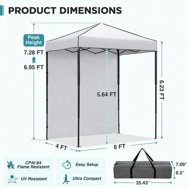 Alt view image 3 of 7 - 6x4 Instant Pop Up Canopy Tent with 1 Side Wall Panel, Straight Leg Sun Shelter, Portable Canopy with Carry Bag for Camping, Beach & Sports, White