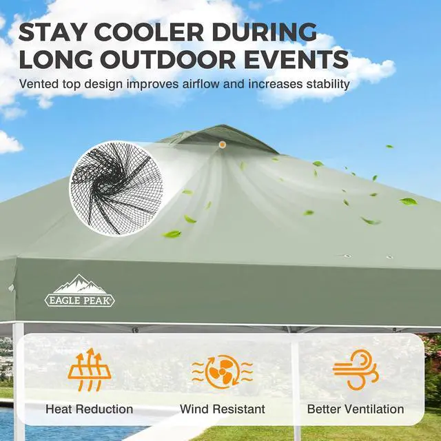 Alt view image 2 of 7 - Pop Up Canopy Tent with Wheeled Carry Bag, 8 Stakes, 4 Ropes, 4 Weight Bags, Easy Set Up Tent Canopy, 10x10 ft, 100sqft of Shade, Sage Green