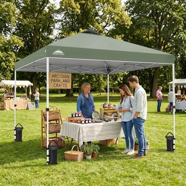 Alt view image 5 of 7 - Pop Up Canopy Tent with Wheeled Carry Bag, 8 Stakes, 4 Ropes, 4 Weight Bags, Easy Set Up Tent Canopy, 10x10 ft, 100sqft of Shade, Sage Green