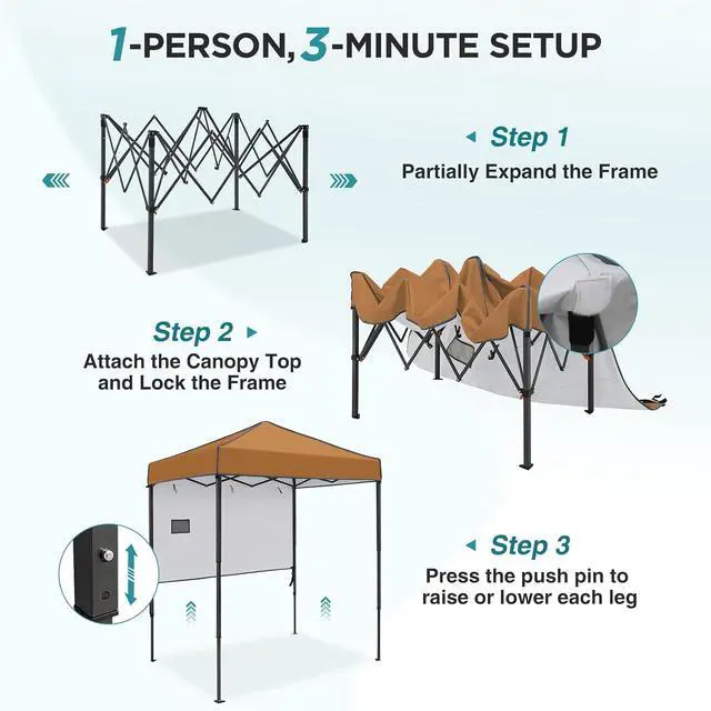 Alt view image 2 of 7 - 6x4 Instant Pop Up Canopy Tent with 1 Half Wall Panel, Straight Leg Sun Shelter, Portable Canopy with Carry Bag for Camping, Beach & Sports, Khaki