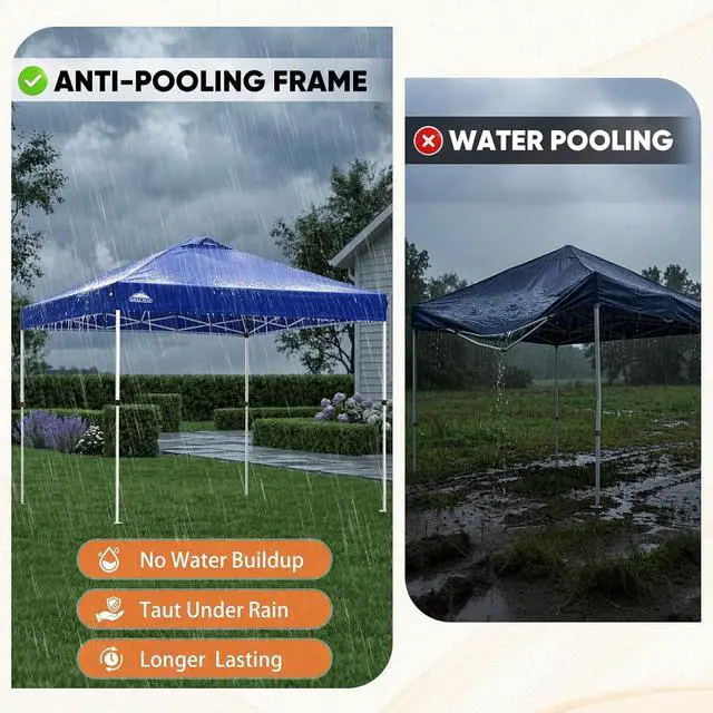 Alt view image 6 of 7 - 10x10 Commercial Pop Up Canopy Tent, Easy 1-Person Setup, Blue | Anti-Pooling Umbrella-Rib Roof, Vented Top, Wheeled Bag & Anchor Kit