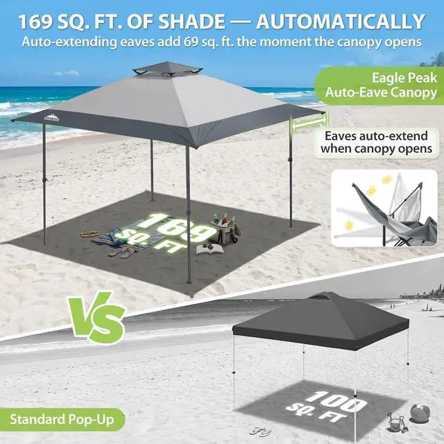 Alt view image 4 of 7 - 13x13 Straight Leg Pop Up Canopy Tent Instant Outdoor Canopy Easy Single Person Set up Folding Shelter w/Auto Extending Eaves 169 Square Feet of Shade (Light Gray)