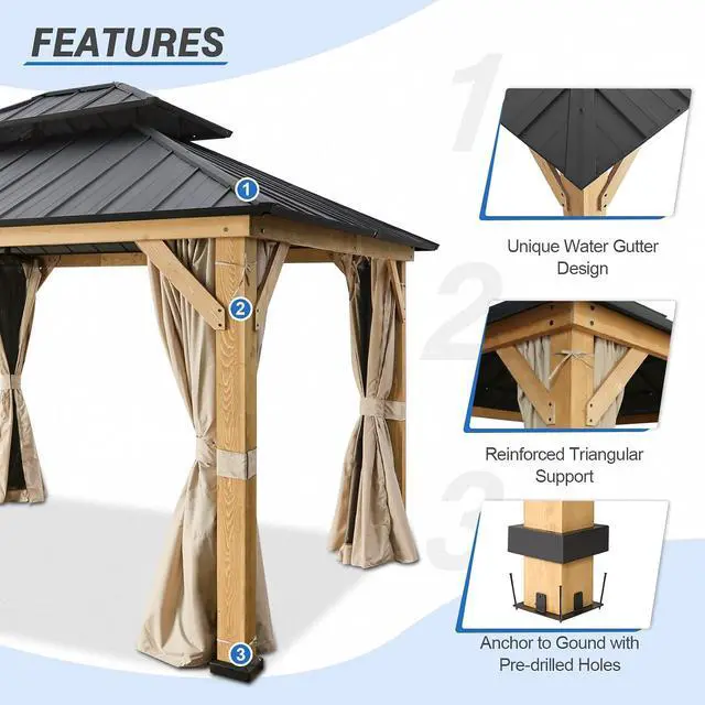 Alt view image 3 of 7 - 11x13 Hardtop Gazebo, Galvanized Steel Double Roof Gazebo with Cedar Wood Frame, Outdoor Pavilion with Netting and Curtains for Patio, Deck. Lawn and Garden, Natural Wood/Black