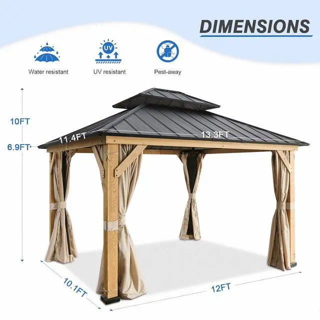Alt view image 4 of 7 - 11x13 Hardtop Gazebo, Galvanized Steel Double Roof Gazebo with Cedar Wood Frame, Outdoor Pavilion with Netting and Curtains for Patio, Deck. Lawn and Garden, Natural Wood/Black