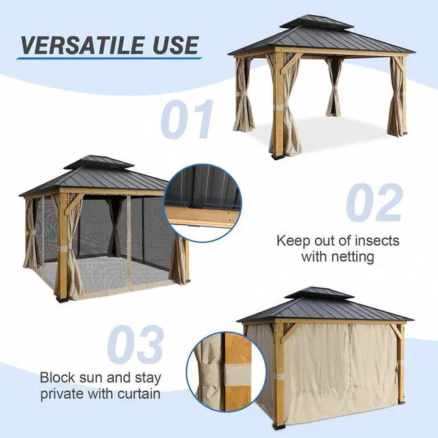 Alt view image 5 of 7 - 11x13 Hardtop Gazebo, Galvanized Steel Double Roof Gazebo with Cedar Wood Frame, Outdoor Pavilion with Netting and Curtains for Patio, Deck. Lawn and Garden, Natural Wood/Black