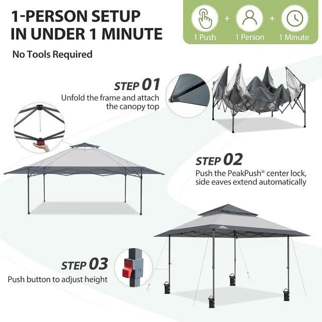 Alt view image 7 of 7 - 13x13 Straight Leg Pop Up Canopy Tent Instant Outdoor Canopy Easy Single Person Set up Folding Shelter w/Auto Extending Eaves 169 Square Feet of Shade (Light Gray)