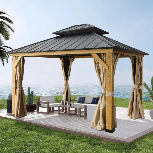 Alt view image 6 of 7 - 11x13 Hardtop Gazebo, Galvanized Steel Double Roof Gazebo with Cedar Wood Frame, Outdoor Pavilion with Netting and Curtains for Patio, Deck. Lawn and Garden, Natural Wood/Black