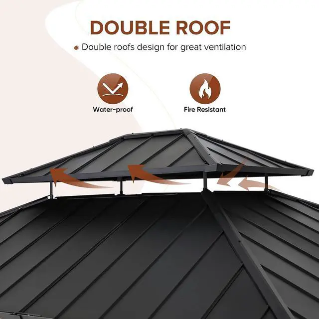 Alt view image 2 of 7 - 11x13 Hardtop Gazebo, Glavanized Steel Double Roof with Cedar Wood Frame, Outdoor Pavilion for Patio, Deck, Lawn and Garden, Natural Wood/Black