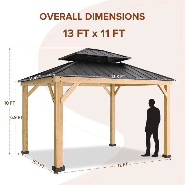 Alt view image 4 of 7 - 11x13 Hardtop Gazebo, Glavanized Steel Double Roof with Cedar Wood Frame, Outdoor Pavilion for Patio, Deck, Lawn and Garden, Natural Wood/Black
