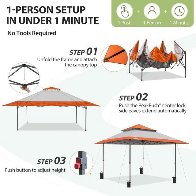Alt view image 7 of 7 - 13x13 Straight Leg Pop Up Canopy Tent Instant Outdoor Canopy Easy Single Person Set up Folding Shelter w/Auto Extending Eaves 169 Square Feet of Shade (Orange)